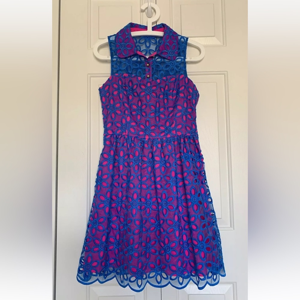 Lilly Pulitzer Pemberton Dress Sz 2 Royce Blue Daisy Floral Eyelet Retro Twee - Picture 14 of 14